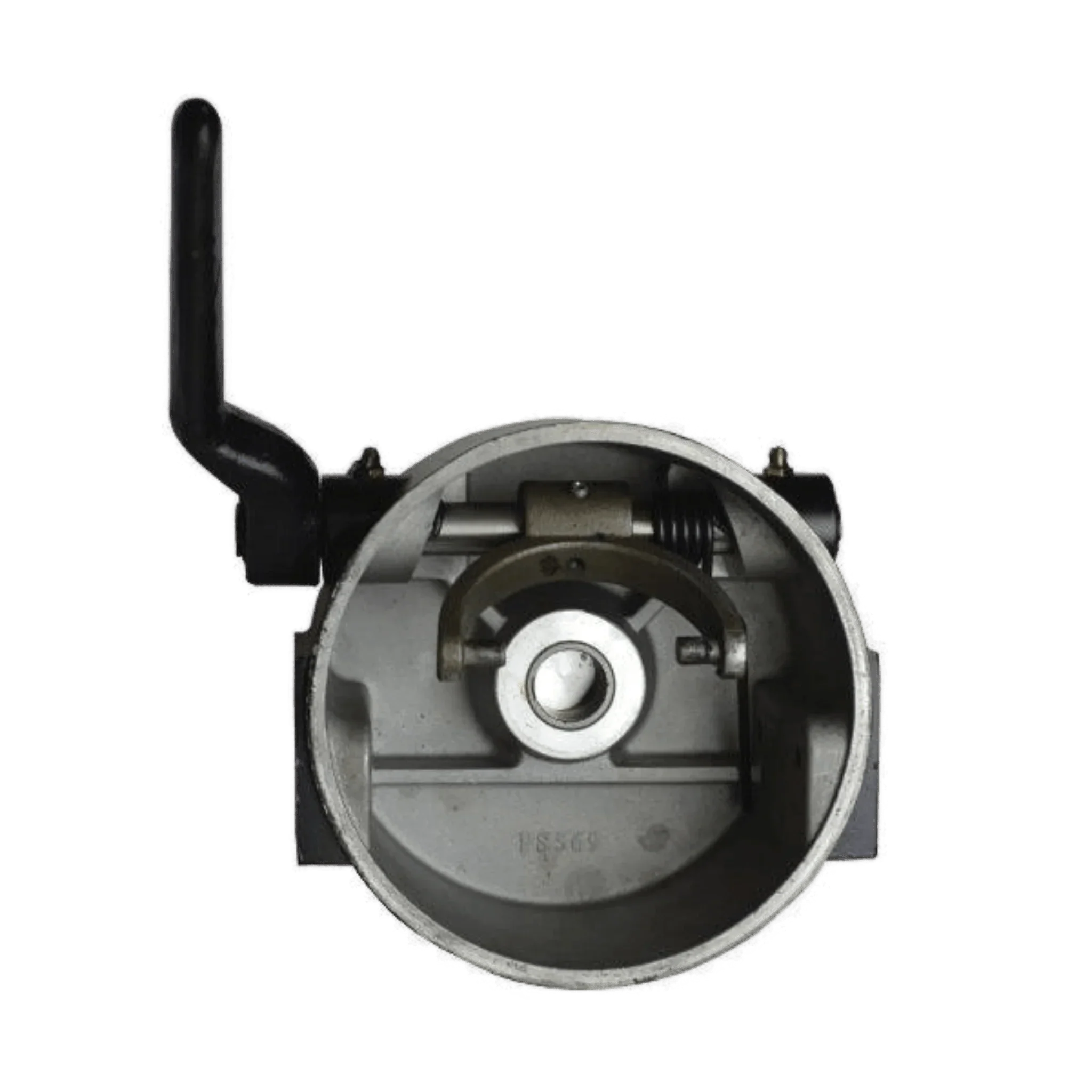 Top view of the WPT Power (Shanghai) Ltd Clutch Housing Assembly for Electric Worm Gear Winches with Spring, featuring a round metal housing and a black lever on the left, set against a white background.