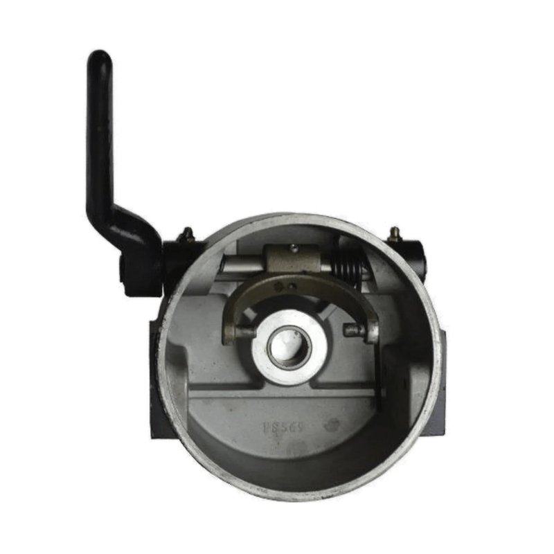 Top view of the WPT Power (Shanghai) Ltd Clutch Housing Assembly for Electric Worm Gear Winches with Spring, featuring a round metal housing and a black lever on the left, set against a white background.