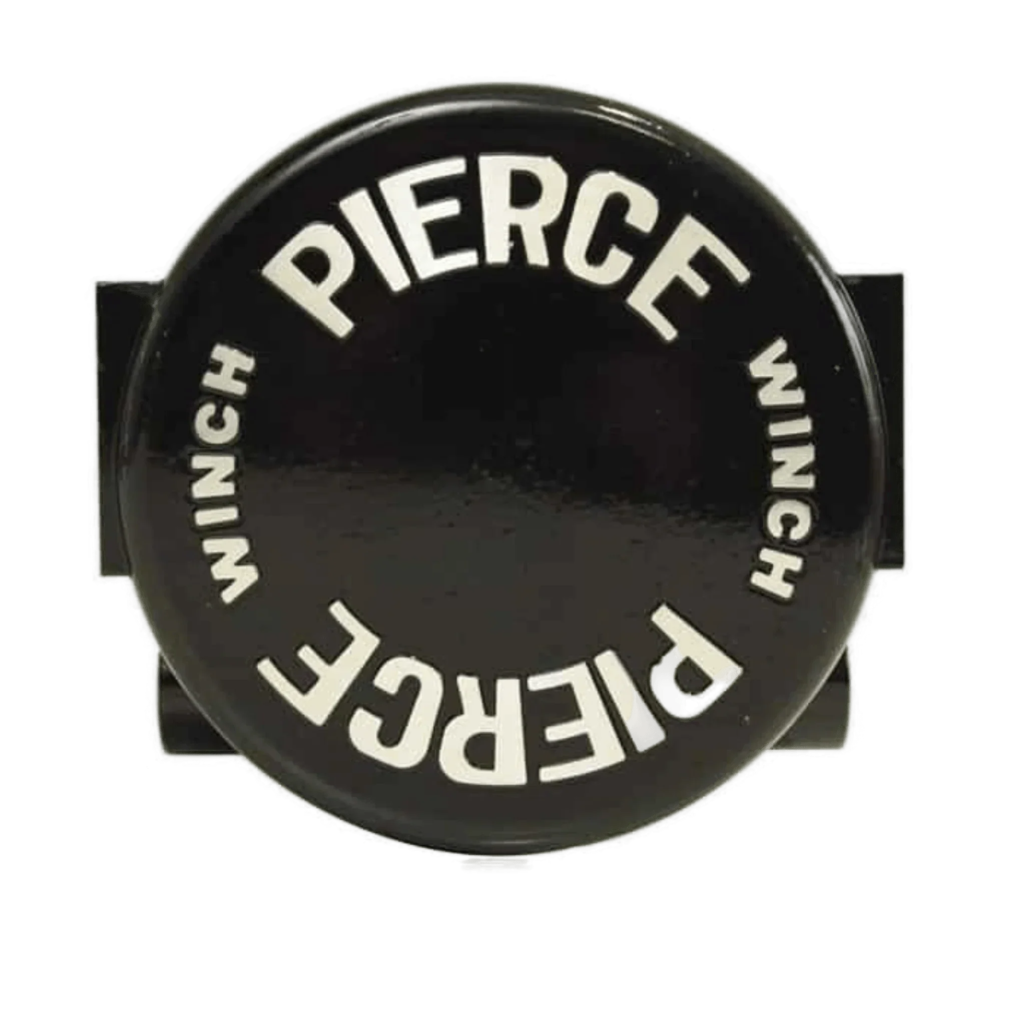 Black circular Clutch Housing w/ Bushing by PIERCE, featuring "PIERCE WINCH" in white (one upside down). Ideal as a replacement housing for your PS654 series Worm Gear Winch or when servicing the free spool function.