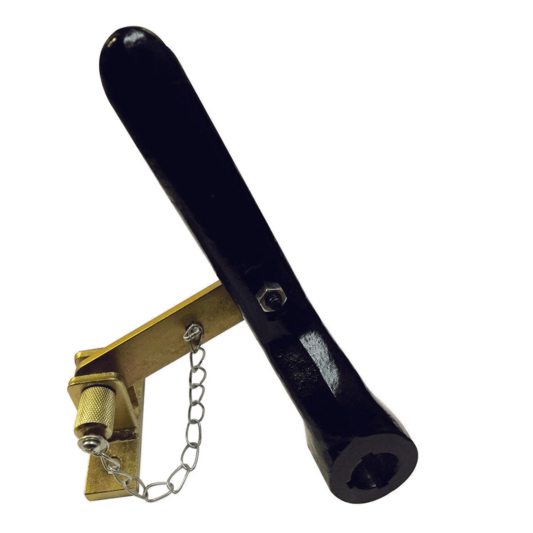 The PIERCE black manual crank handle with brass base and chain, designed for PS654 winches, serves as a clutch latch for free spool on the 654 Series Electric Worm Gear Winches.