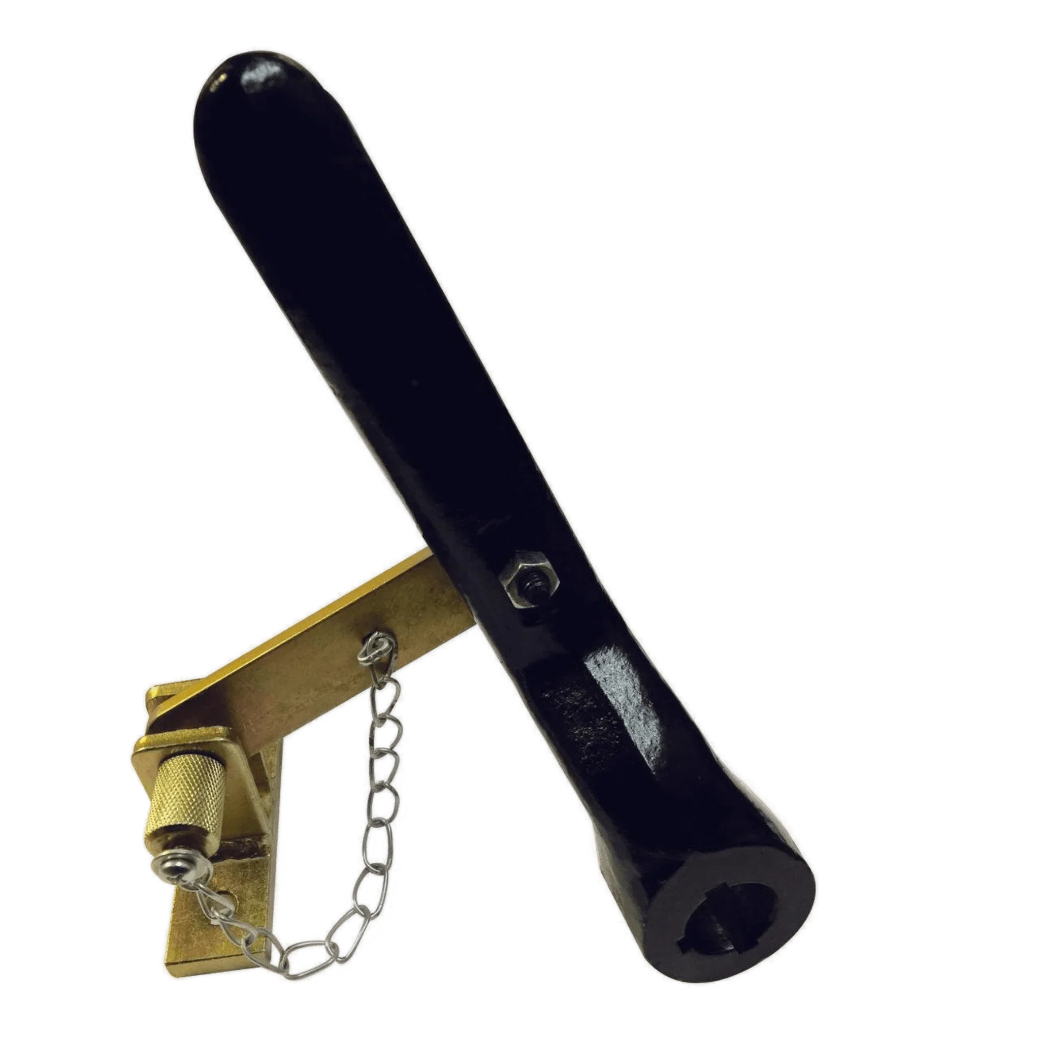 The Clutch Latch for Electric Worm Gear Winches by WPT Power (Shanghai) Ltd features a black metal lever on a brass mounting bracket with a small chain, designed as a Free Spool Latch for the 654 Series Winch.