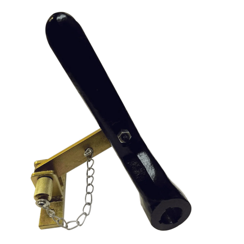 The Clutch Latch for Electric Worm Gear Winches by WPT Power (Shanghai) Ltd features a black metal lever on a brass mounting bracket with a small chain, designed as a Free Spool Latch for the 654 Series Winch.