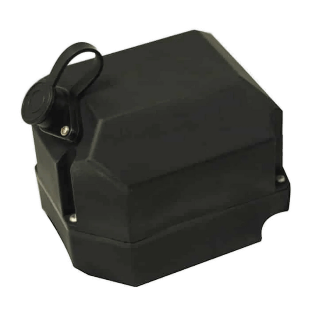 A black plastic outdoor electrical outlet cover with a flip-up lid, ideal for protecting connections such as the Asetek Enterprise Company LTD Compact Solenoid Assembly.