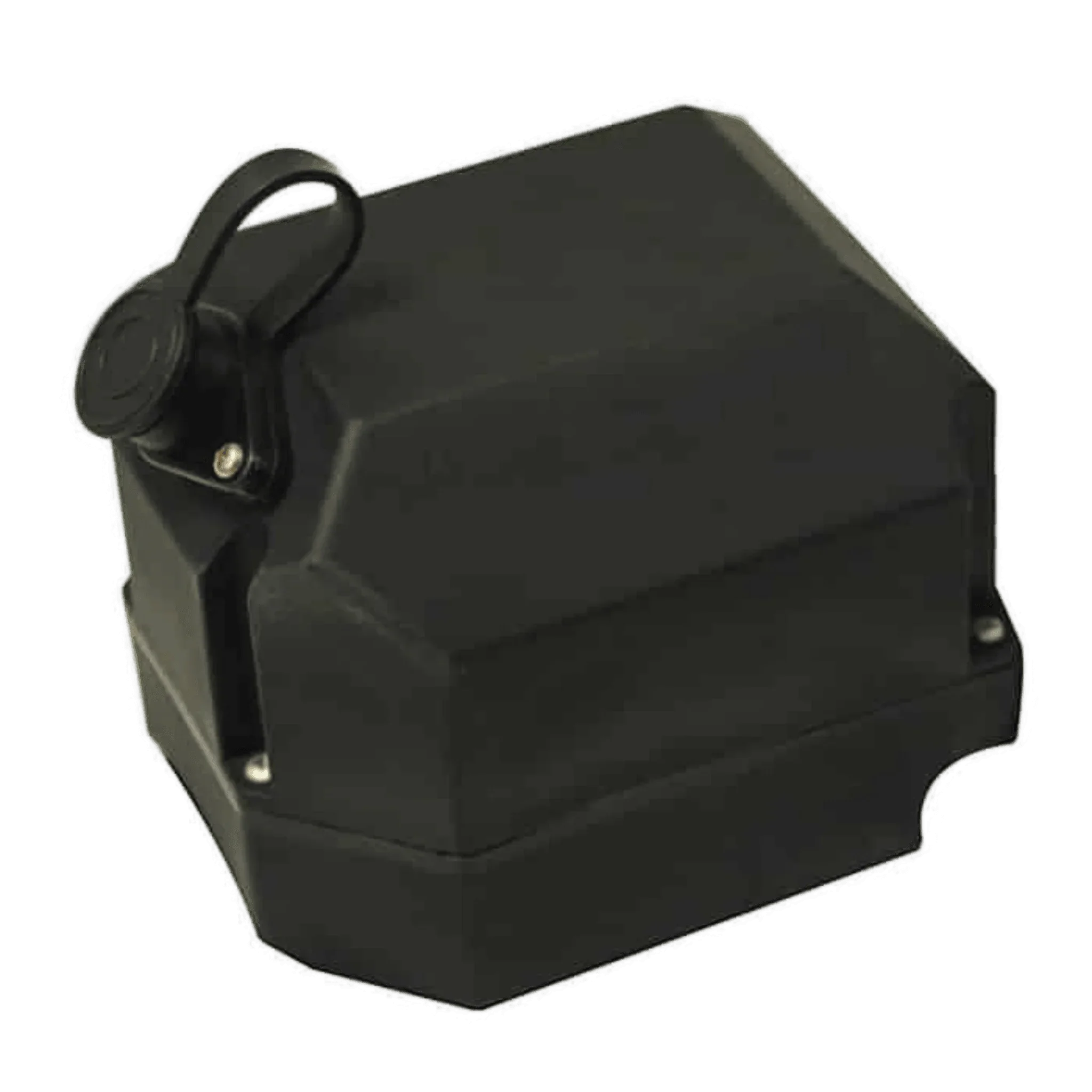A black plastic outdoor electrical outlet cover with a flip-up lid, ideal for protecting connections such as the Asetek Enterprise Company LTD Compact Solenoid Assembly.