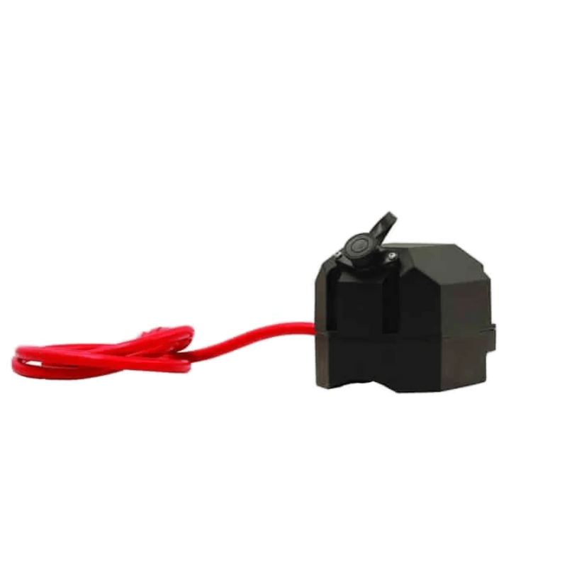 The Compact Solenoid Assembly by Asetek Enterprise Company LTD features a small black design with a red wire and is rated for 450 amps, shown isolated on a white background.