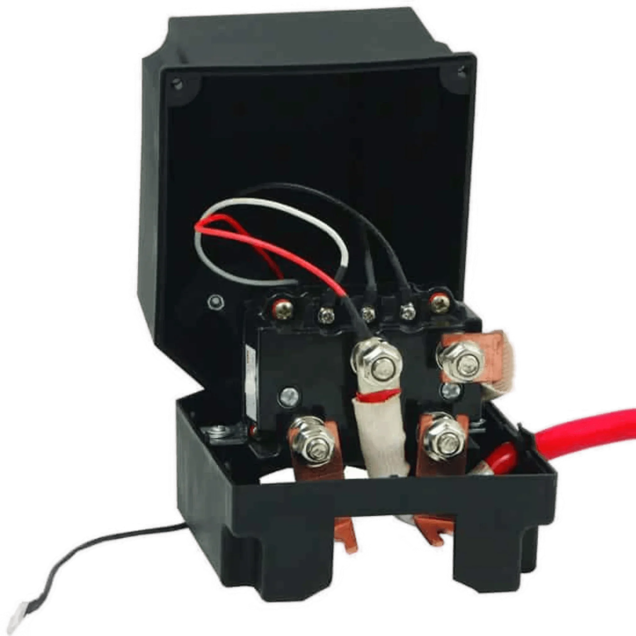 The Asetek Enterprise Company LTD Compact Solenoid Assembly is shown with its cover open, revealing wiring, terminals, and red/black cables; it's ideal for PIERCE PS series winches with a 450 amp rating.