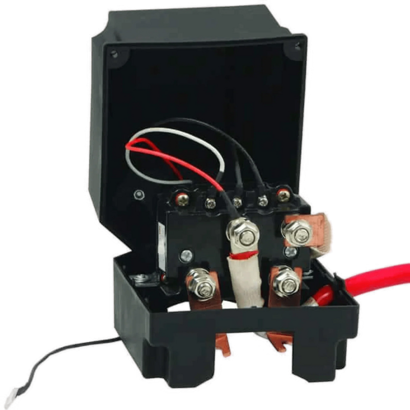 The Asetek Enterprise Company LTD Compact Solenoid Assembly is shown with its cover open, revealing wiring, terminals, and red/black cables; it's ideal for PIERCE PS series winches with a 450 amp rating.