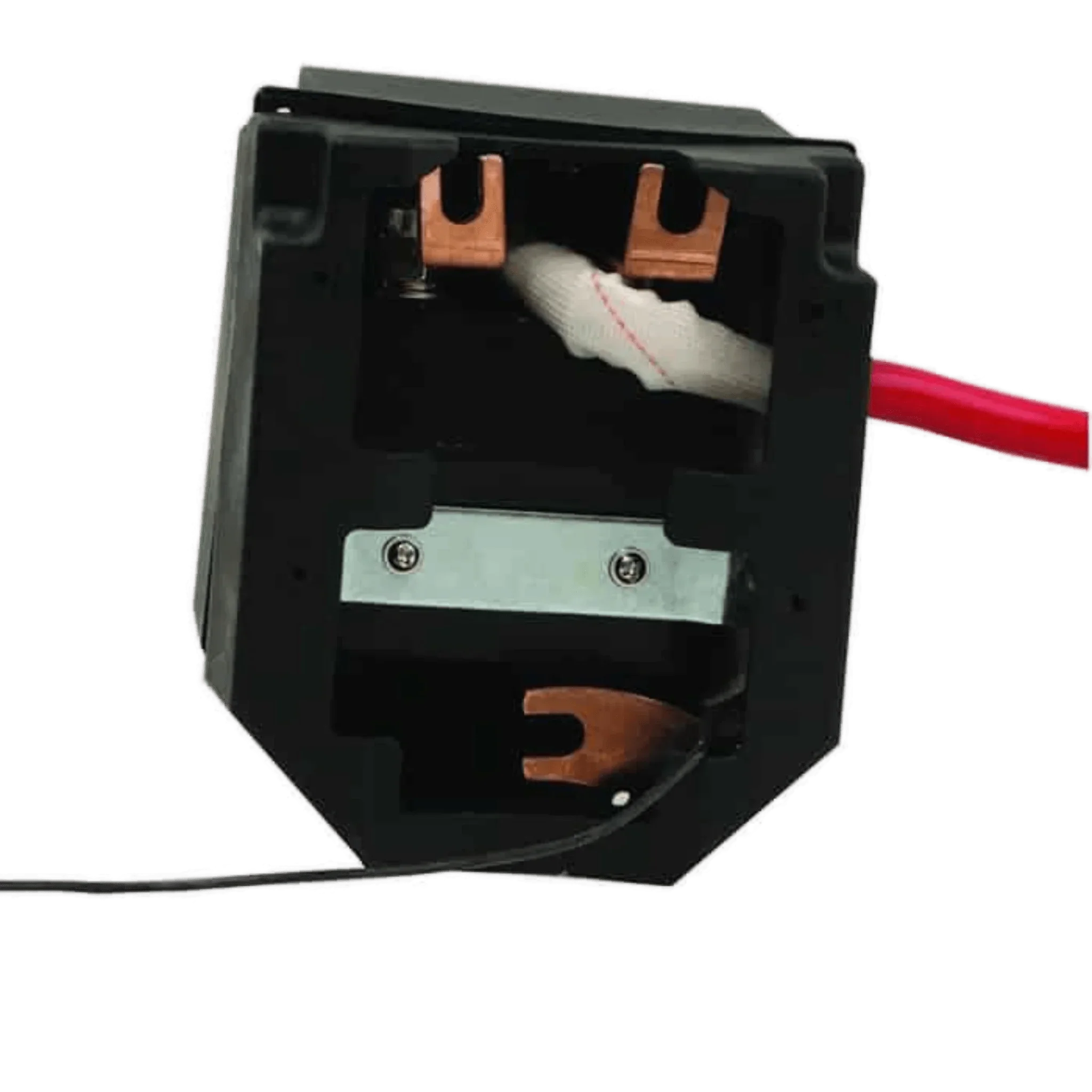Close-up of a Compact Solenoid Assembly by Asetek Enterprise Company LTD, featuring copper connectors, red and black wires, and a robust 450 amp rating.