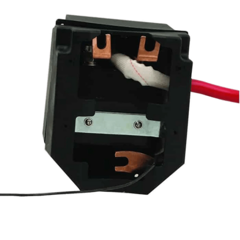 Close-up of a Compact Solenoid Assembly by Asetek Enterprise Company LTD, featuring copper connectors, red and black wires, and a robust 450 amp rating.
