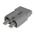 The Superior Signals Inc. Connector | Wire | 2 Gauge is a gray, two-pin quick connect with ribbed sides and forward-facing metal terminals, perfect for portable winch applications.
