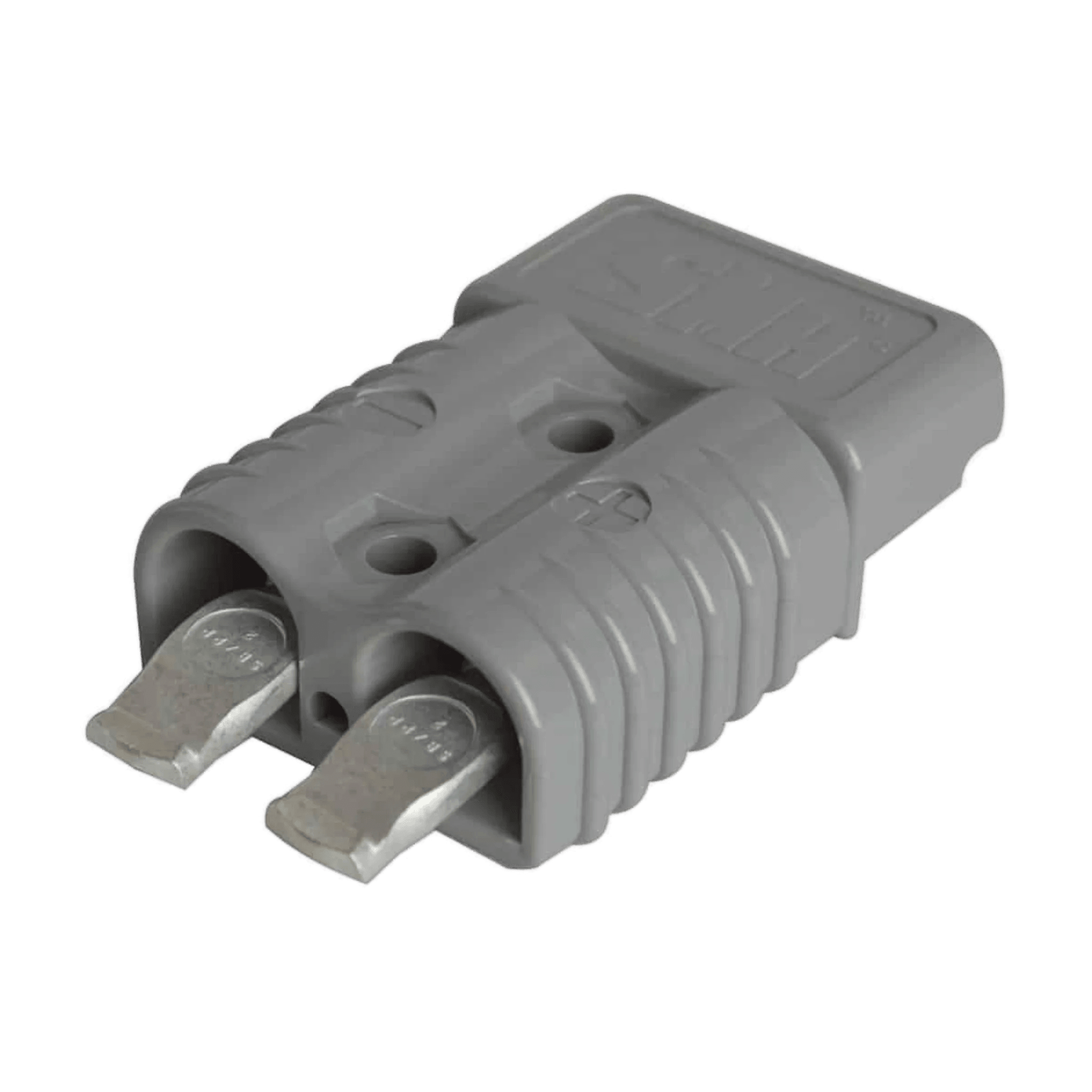 The PIERCE Connector | Wire | 2 Gauge is a gray electrical connector with two metal prongs and a textured grip, perfect for quick connecting to a power source.