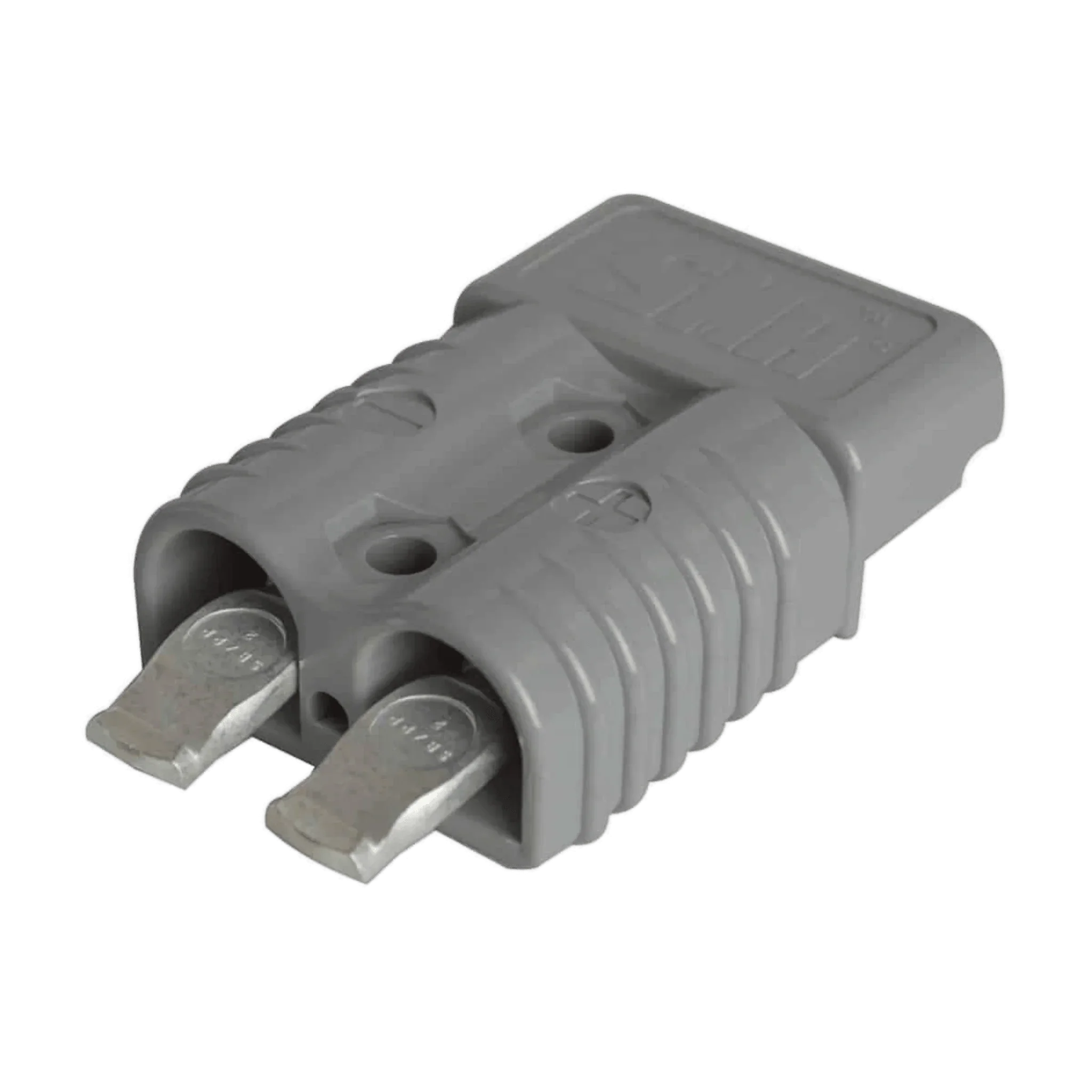 The Superior Signals Inc. Connector | Wire | 2 Gauge is a gray, two-pin quick connect with ribbed sides and forward-facing metal terminals, perfect for portable winch applications.