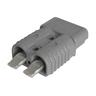 The Superior Signals Inc. Connector | Wire | 2 Gauge is a gray, two-pin quick connect with ribbed sides and forward-facing metal terminals, perfect for portable winch applications.