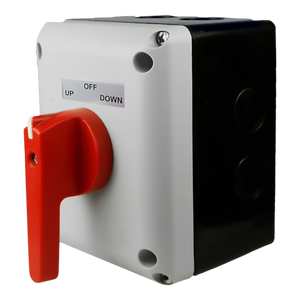 The PIERCE Control Box for 110V PIERCE 654 Series Single Phase Winch features a red industrial switch on a black and white box marked OFF, UP, DOWN, offering reliable performance for single-phase motors in diverse industrial applications.