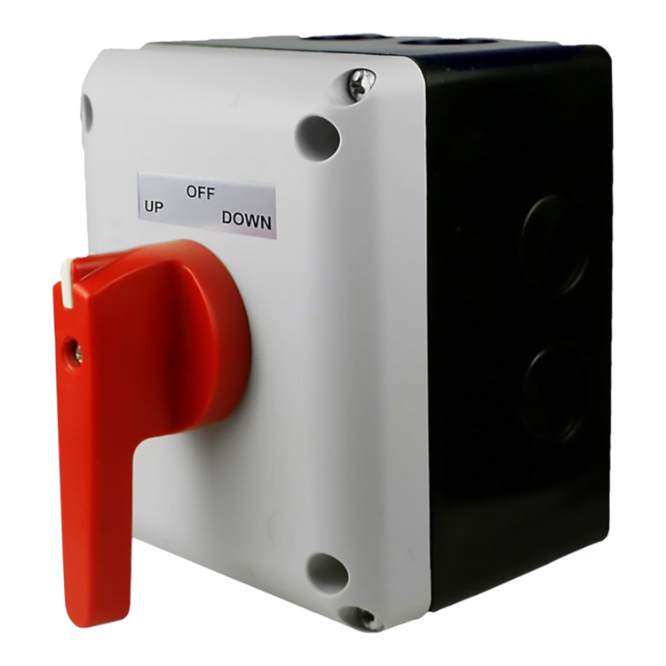 The PIERCE Control Box for 110V PIERCE 654 Series Single Phase Winch features a red industrial switch on a black and white box marked OFF, UP, DOWN, offering reliable performance for single-phase motors in diverse industrial applications.