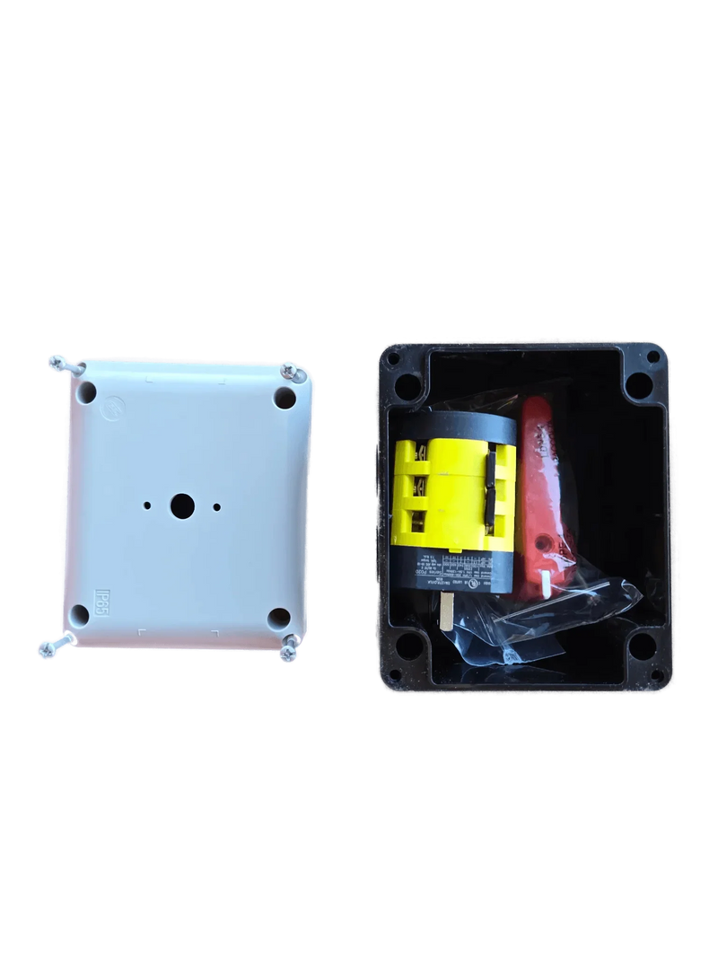 The ASI.Easy.com Control Box for 110V PIERCE 654 Series Single Phase Winch features a black IP65 enclosure, included components, and a separate white cover—perfect as a winch replacement or motor switch, shown on a white background.
