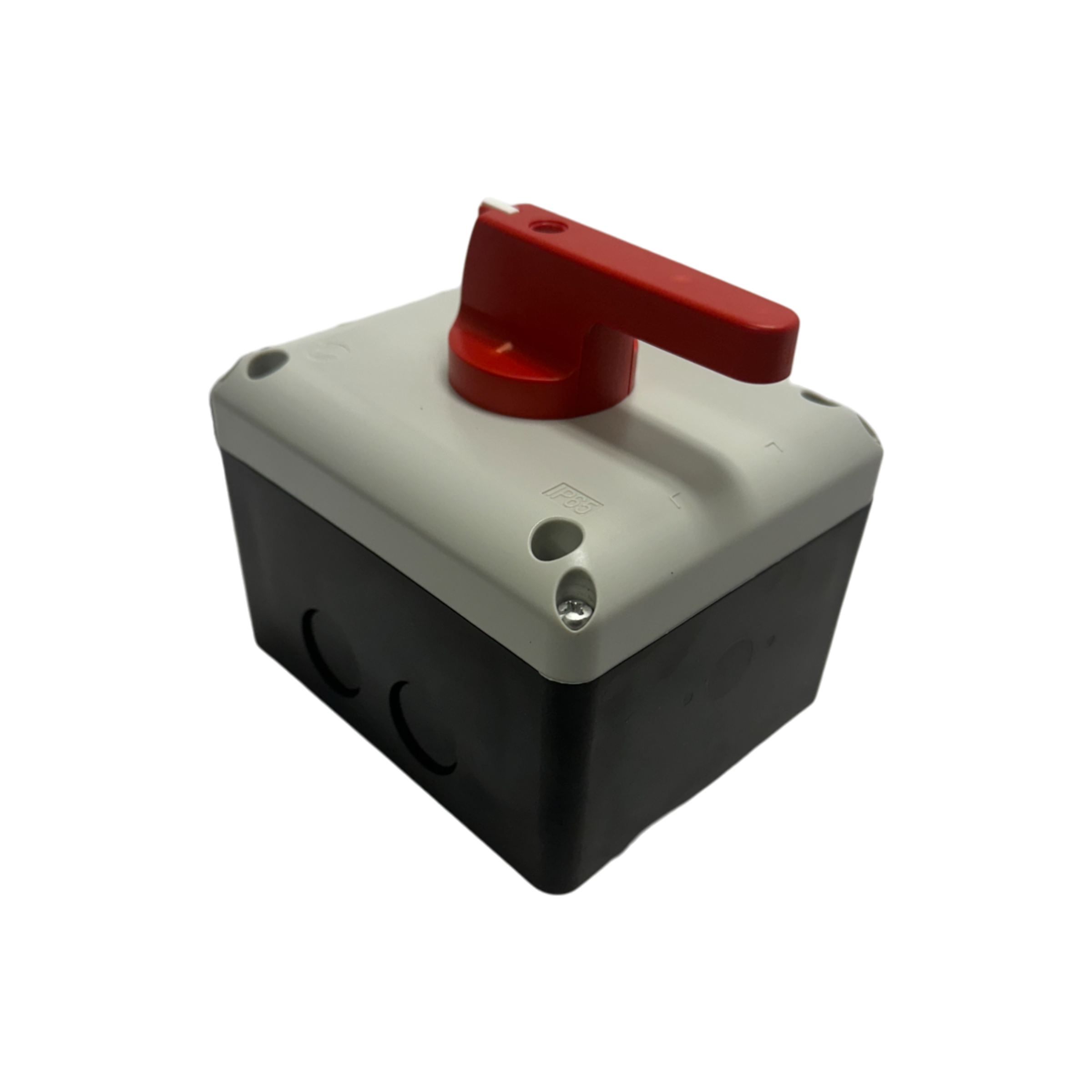 Red handle on a gray and black enclosure with mounting holes, designed for industrial applications, for the Control Box of the PIERCE 654 Series 110V Single Phase Winch.
