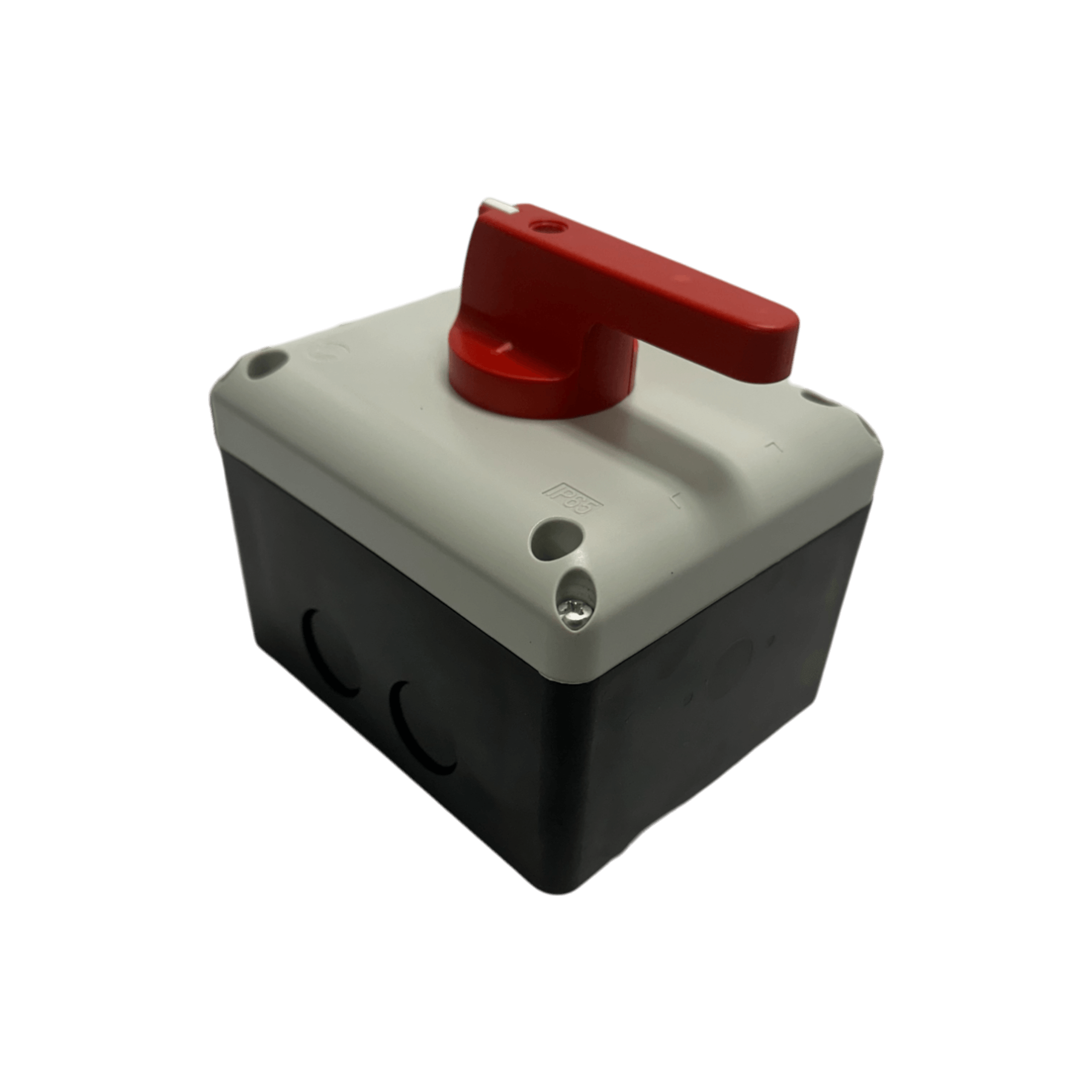 Red handle on a gray and black enclosure with mounting holes, designed for industrial applications, for the Control Box of the PIERCE 654 Series 110V Single Phase Winch.