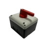 Red handle on a gray and black enclosure with mounting holes, designed for industrial applications, for the Control Box of the PIERCE 654 Series 110V Single Phase Winch.