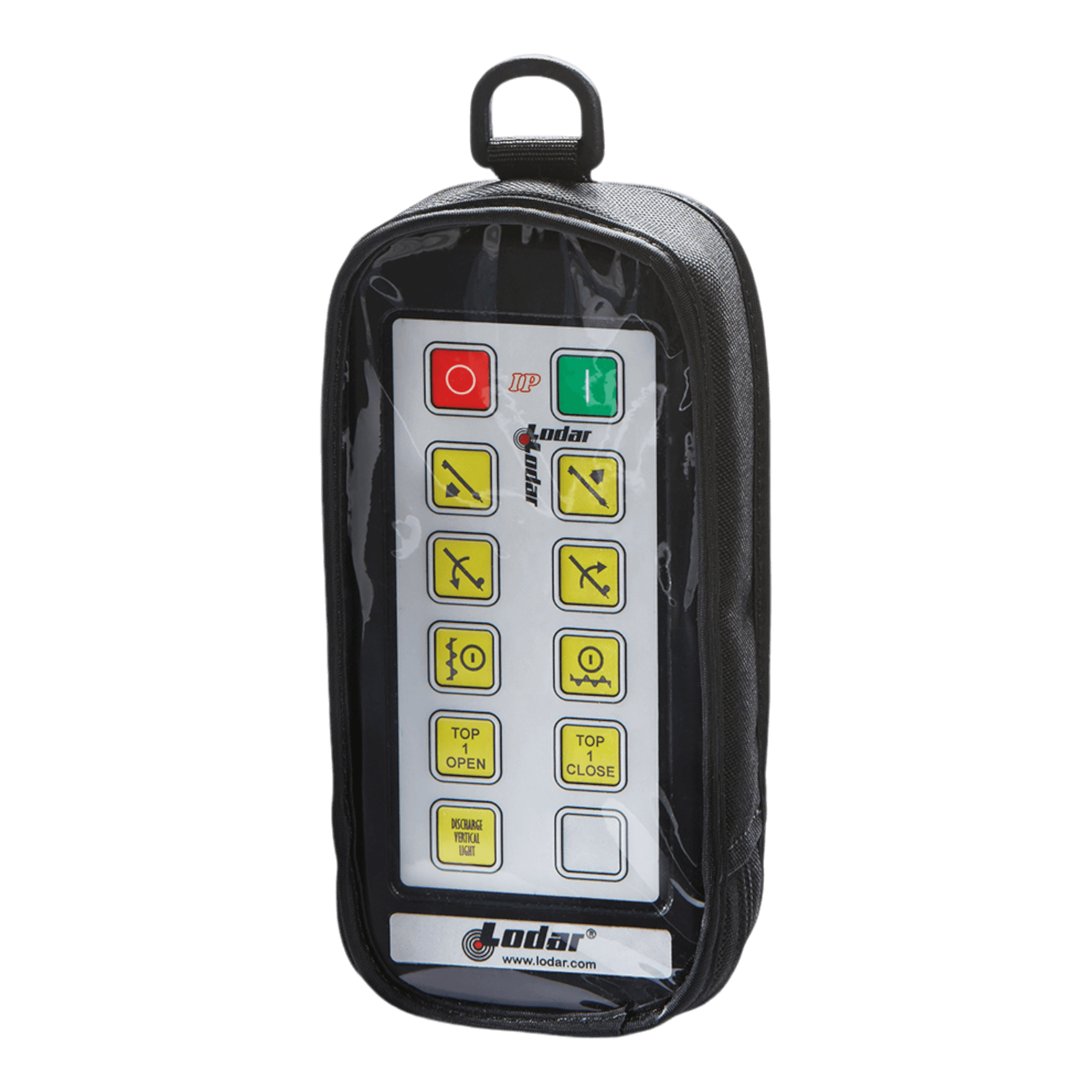 The Lodar LTD Controls | Cover features a padded fabric covering for the remote control device, housed in a protective case with various buttons and symbols on the front, part of the Lodar 92 93 IP Series | 10F equipped with magnets.