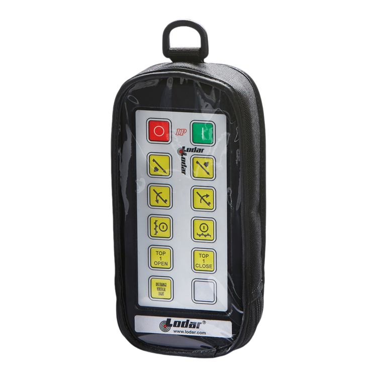 The Lodar LTD Controls | Cover features a padded fabric covering for the remote control device, housed in a protective case with various buttons and symbols on the front, part of the Lodar 92 93 IP Series | 10F equipped with magnets.