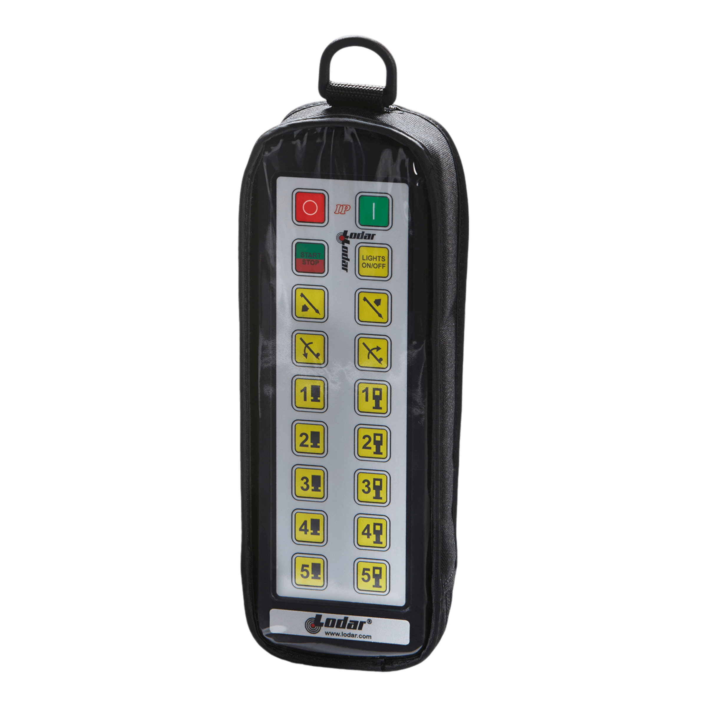The Controls | Cover | Lodar | Fabric | 92 93 IP Series | 16F by Lodar LTD includes a handheld remote control equipped with multiple numbered yellow buttons and two prominent red and green buttons at the top, all encased in a durable padded protective cover for increased longevity.