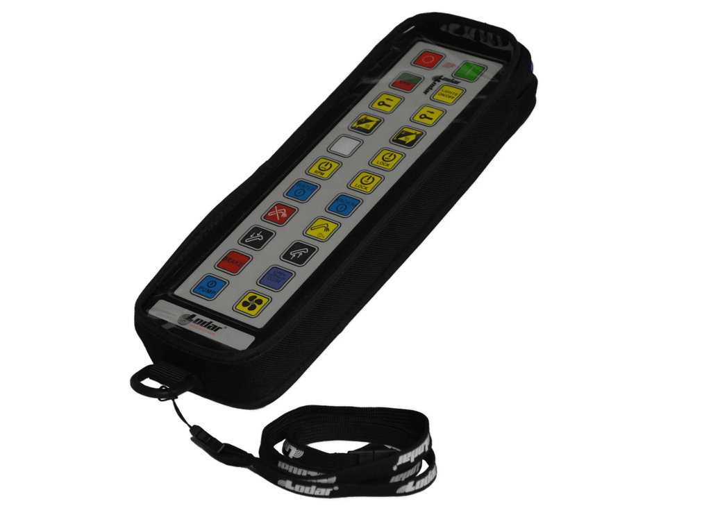 The Lodar LTD 92 93 IP Series boasts a vibrant control panel with numerous buttons and comes with a convenient lanyard. It includes a padded protective cover for added durability, though the transmitter is not included.