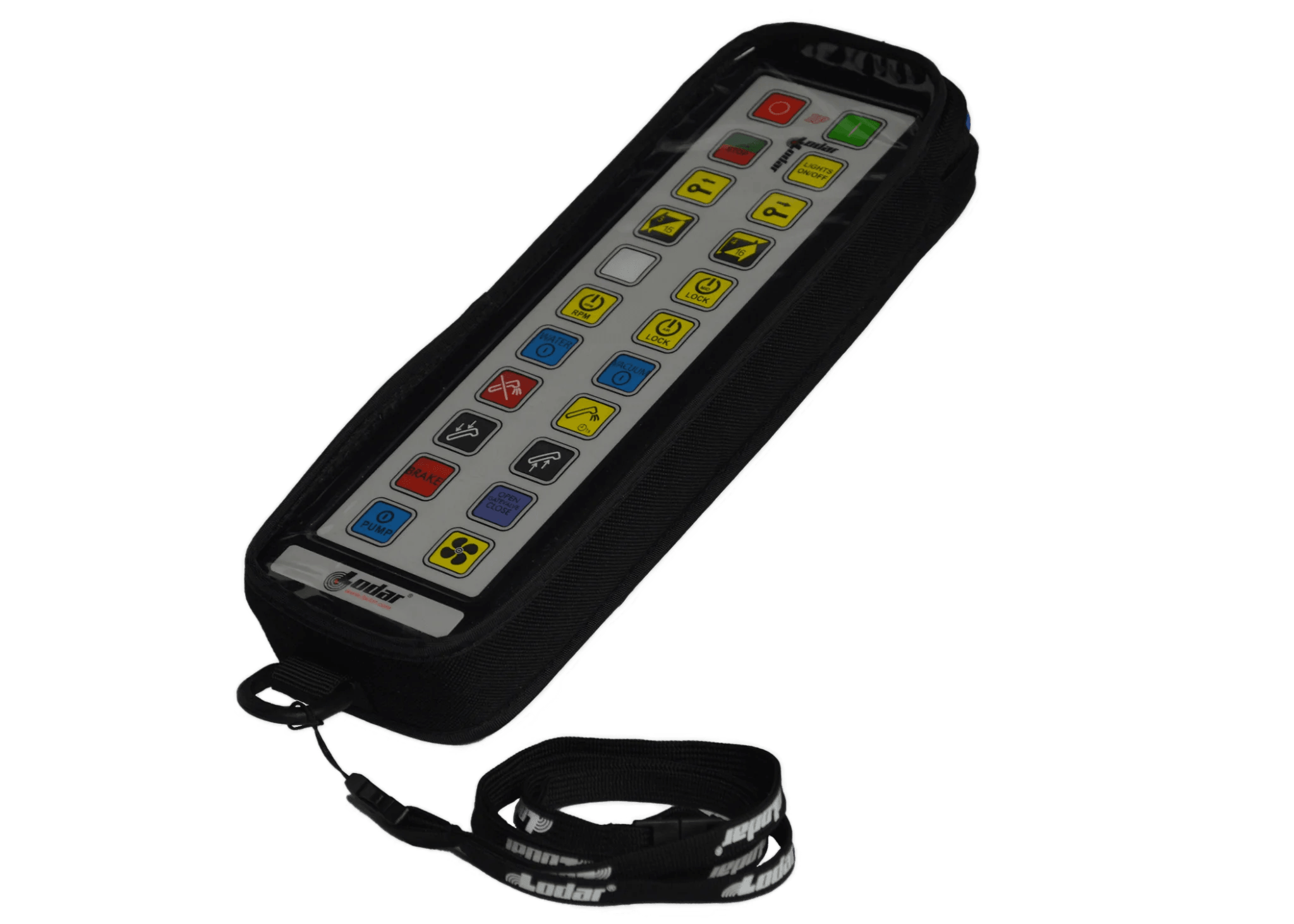 The Lodar LTD 92 93 IP Series boasts a vibrant control panel with numerous buttons and comes with a convenient lanyard. It includes a padded protective cover for added durability, though the transmitter is not included.