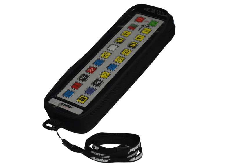 The Lodar LTD 92 93 IP Series boasts a vibrant control panel with numerous buttons and comes with a convenient lanyard. It includes a padded protective cover for added durability, though the transmitter is not included.
