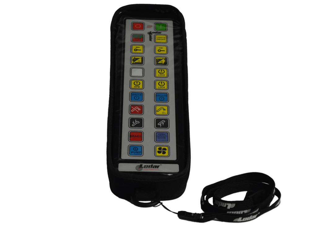 Remote control with vibrant buttons enclosed in a padded protective cover, displaying various symbols. Part of the IP Series by Lodar LTD, this transmitter comes with a strap attached for convenience.