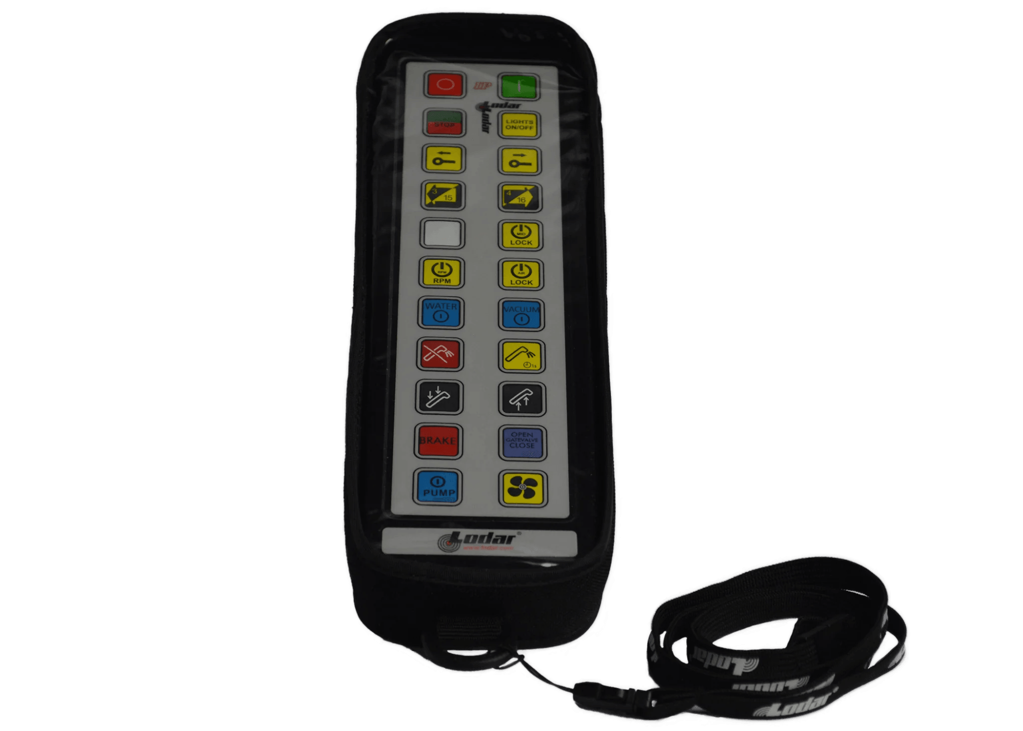 Remote control with vibrant buttons enclosed in a padded protective cover, displaying various symbols. Part of the IP Series by Lodar LTD, this transmitter comes with a strap attached for convenience.