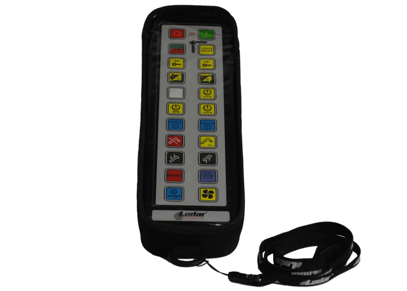 Remote control with vibrant buttons enclosed in a padded protective cover, displaying various symbols. Part of the IP Series by Lodar LTD, this transmitter comes with a strap attached for convenience.