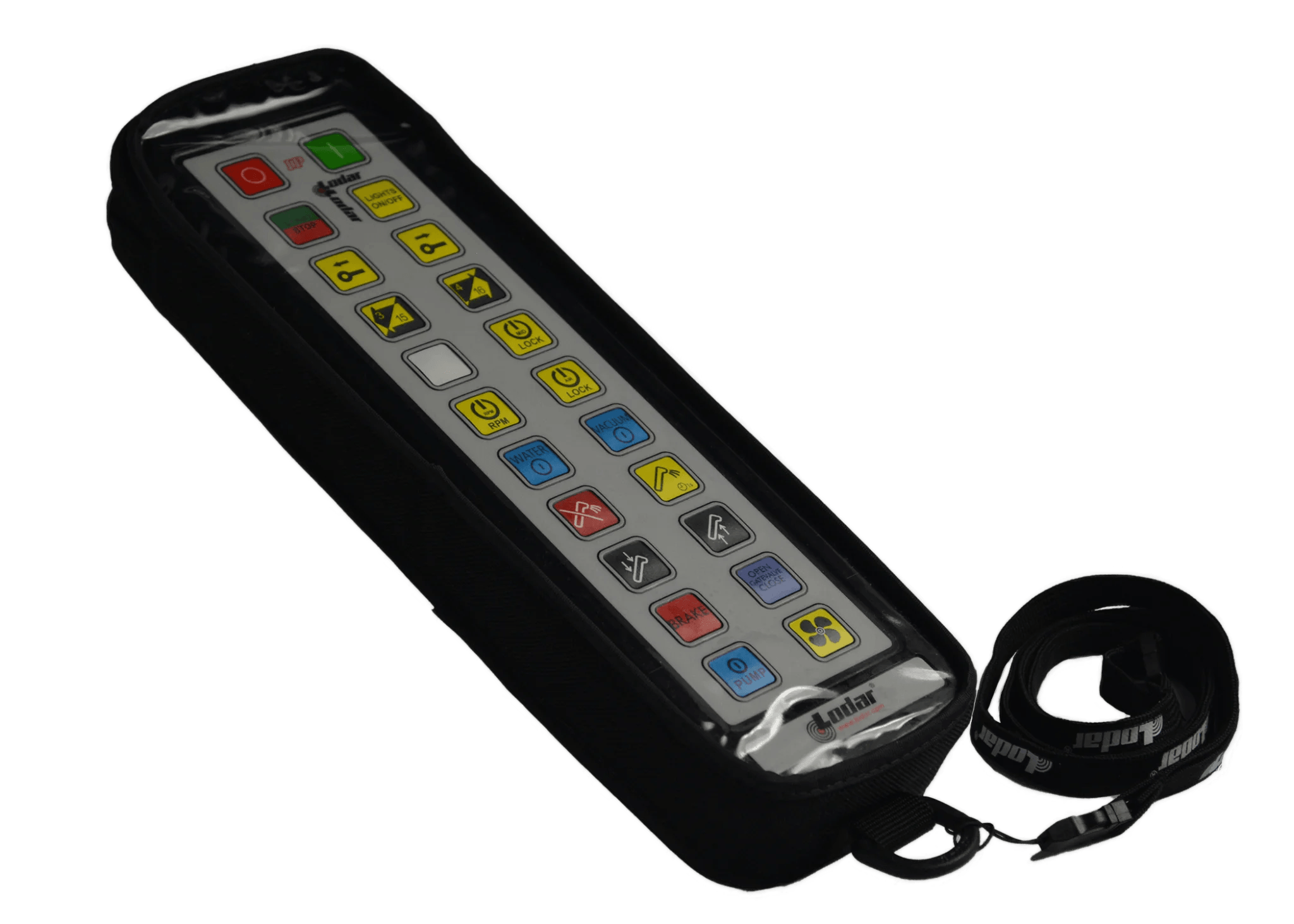 Protective fabric cover for remote controls, boasting colorful button icons and a practical side strap. As part of the Lodar LTD 92 93 IP Series, it ensures your transmitter remains secure and stylish.