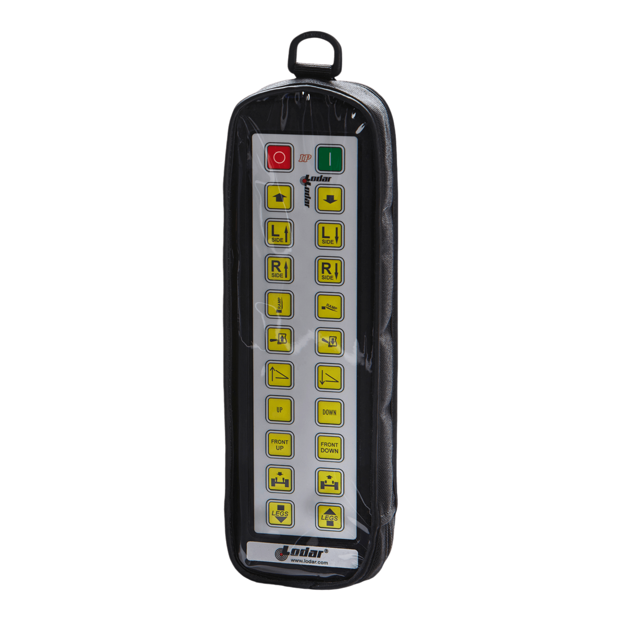 The product from Lodar LTD is a black Lodar Transmitter, a handheld remote control equipped with multiple yellow buttons and sheltered by a durable fabric cover, as part of the 92 93 IP Series.