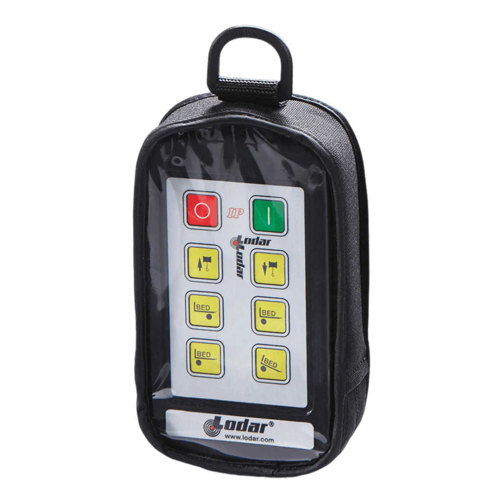 The Lodar LTD Controls Cover, designed for the 92 93 IP Series, is a black fabric cover with multiple buttons and a transparent front. This Industrial Pro transmitter features magnets and a padded cover to ensure durability and ease of use.