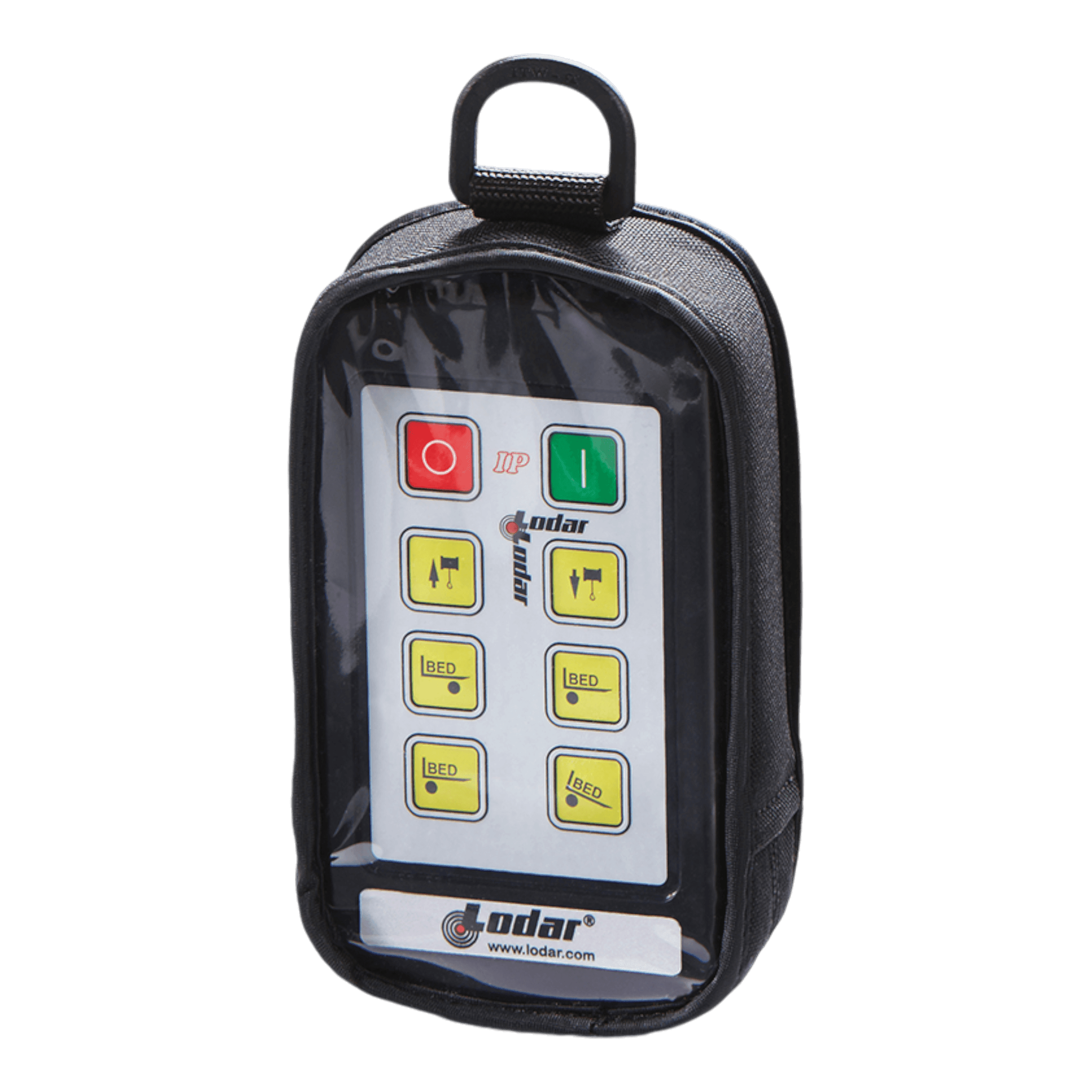 The Lodar LTD Controls Cover, designed for the 92 93 IP Series, is a black fabric cover with multiple buttons and a transparent front. This Industrial Pro transmitter features magnets and a padded cover to ensure durability and ease of use.