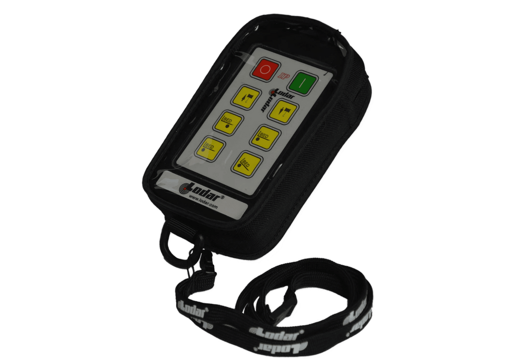 The Lodar LTD Controls | Cover | Lodar | Fabric | 92 93 IP Series | 6F remote control includes a padded protective cover with a lanyard, featuring colorful buttons and a display.