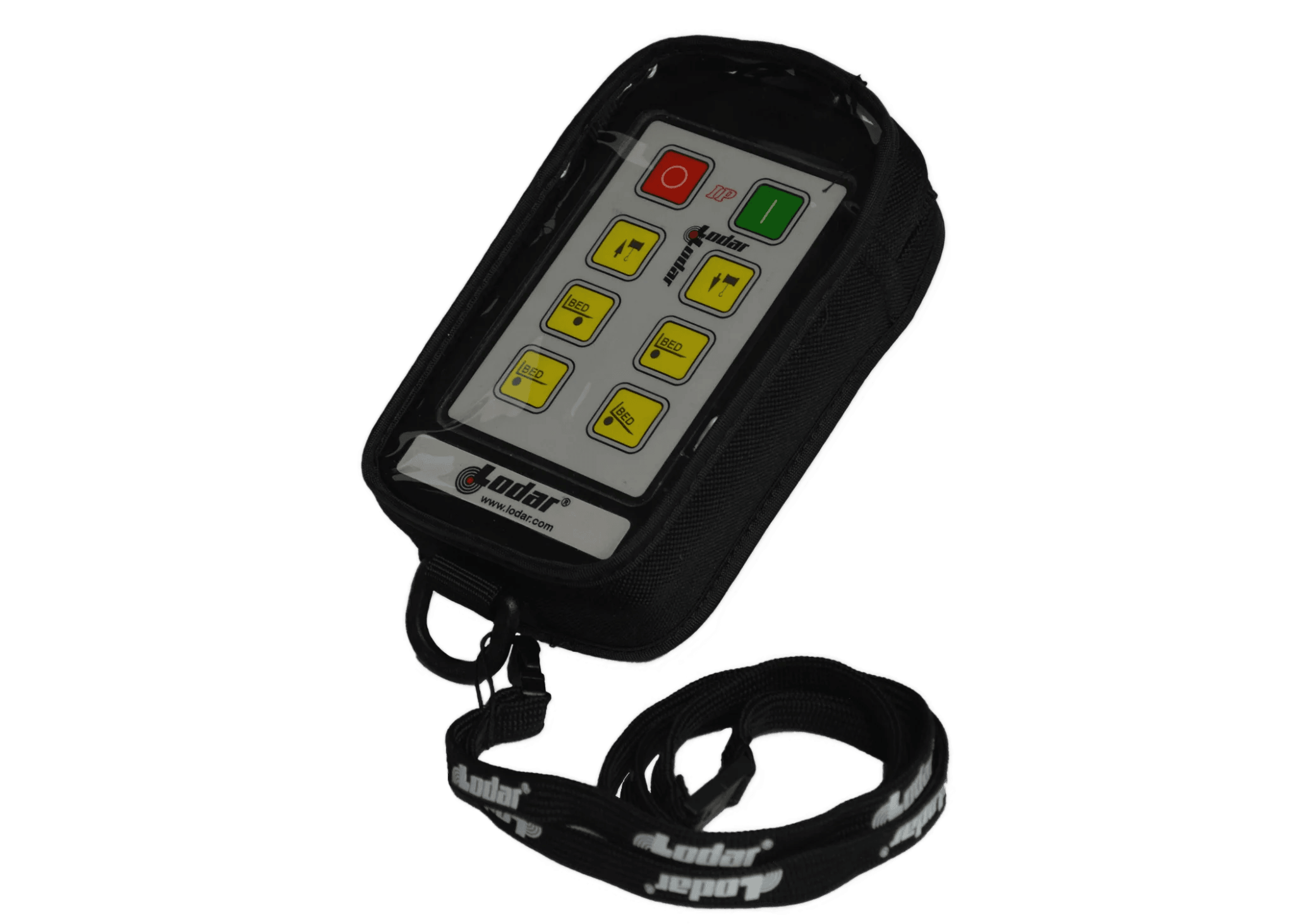 The Lodar LTD Controls | Cover | Lodar | Fabric | 92 93 IP Series | 6F remote control includes a padded protective cover with a lanyard, featuring colorful buttons and a display.