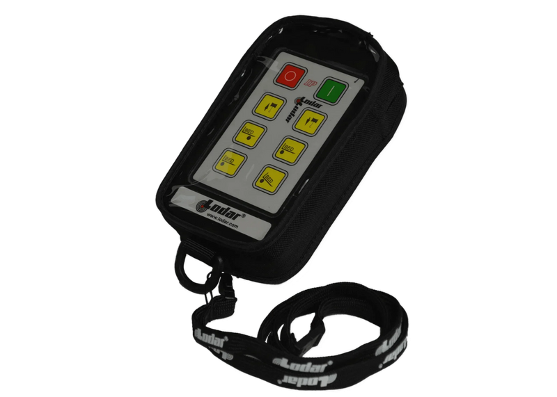 The Lodar LTD Controls | Cover | Lodar | Fabric | 92 93 IP Series | 6F remote control includes a padded protective cover with a lanyard, featuring colorful buttons and a display.