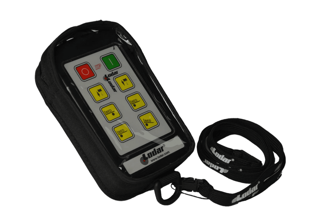 A black remote control, housed in a padded protective fabric cover with a strap, displays colorful buttons and the Lodar LTD logo. As part of the Industrial Pro series, this product offers enhanced transmitter protection for reliable use in demanding environments.