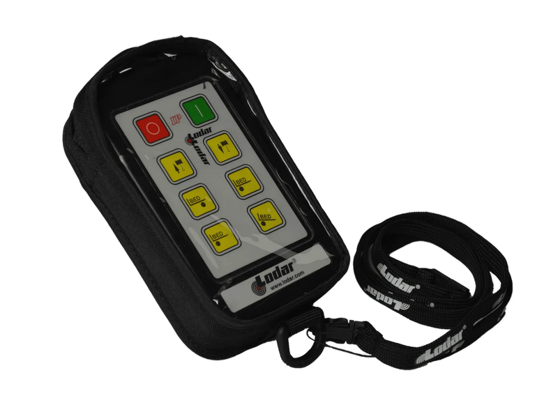 A black remote control, housed in a padded protective fabric cover with a strap, displays colorful buttons and the Lodar LTD logo. As part of the Industrial Pro series, this product offers enhanced transmitter protection for reliable use in demanding environments.