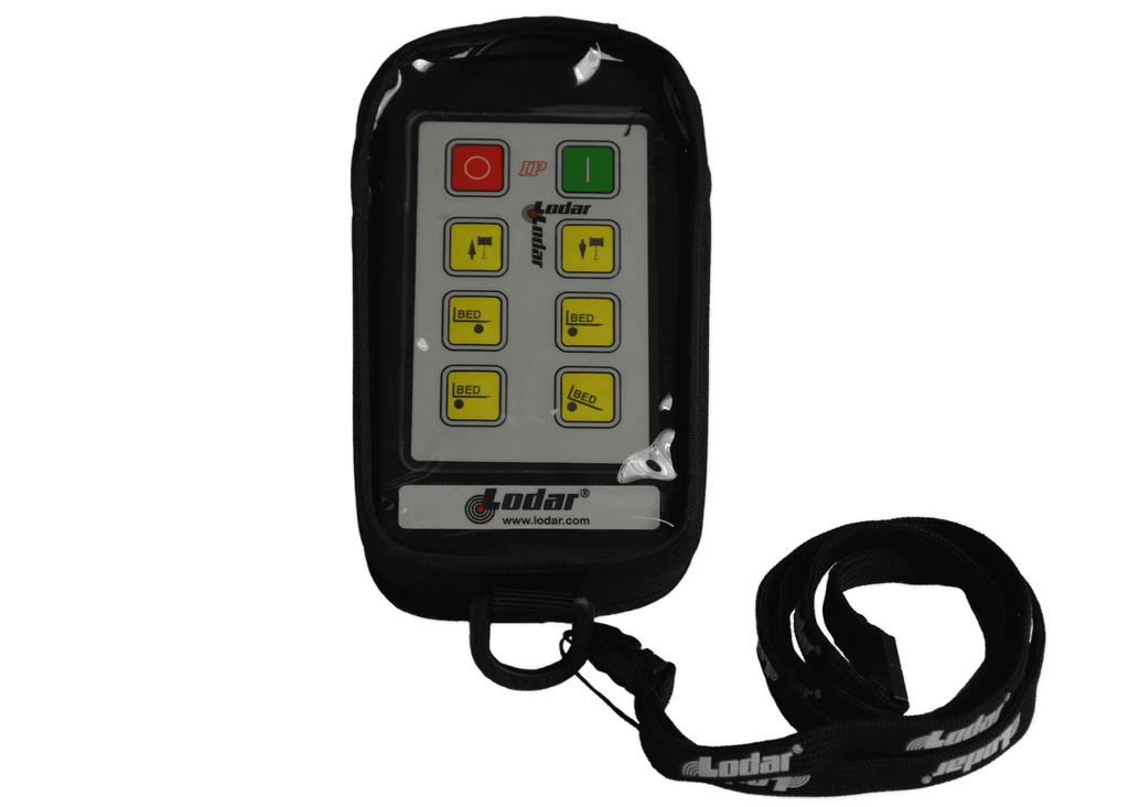 A Lodar LTD wireless remote control, which includes six yellow buttons and a black strap, comes with a padded protective cover and is part of the Controls | Cover | Lodar | Fabric | 92 93 IP Series | 6F line.