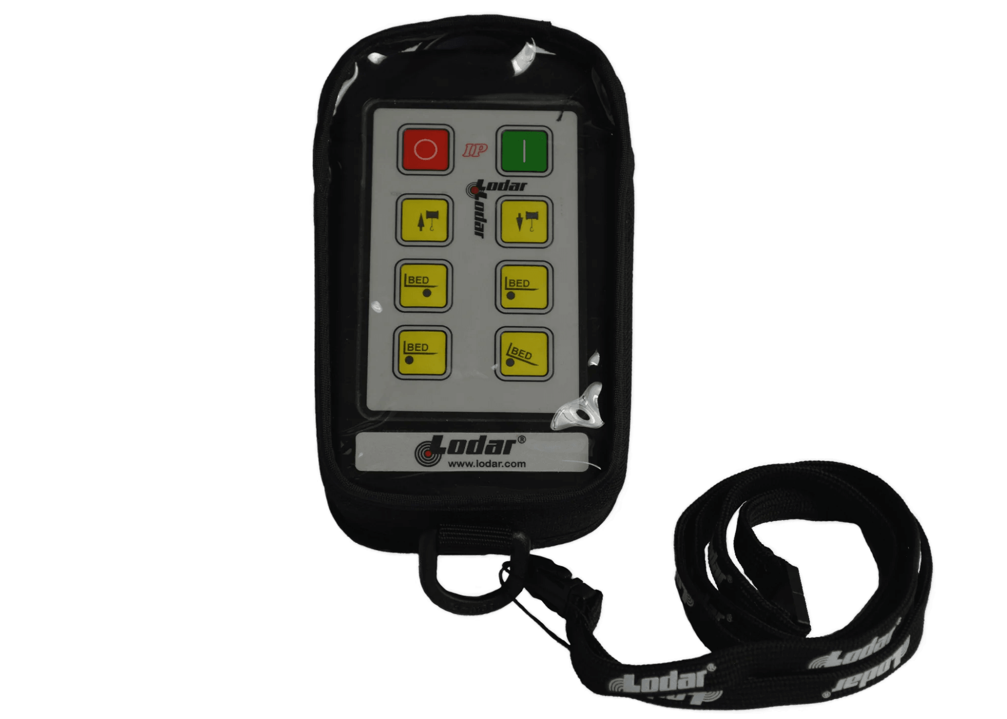 A Lodar LTD wireless remote control, which includes six yellow buttons and a black strap, comes with a padded protective cover and is part of the Controls | Cover | Lodar | Fabric | 92 93 IP Series | 6F line.