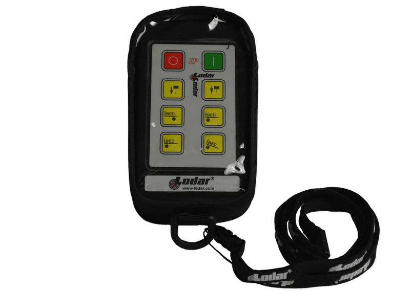 A Lodar LTD wireless remote control, which includes six yellow buttons and a black strap, comes with a padded protective cover and is part of the Controls | Cover | Lodar | Fabric | 92 93 IP Series | 6F line.