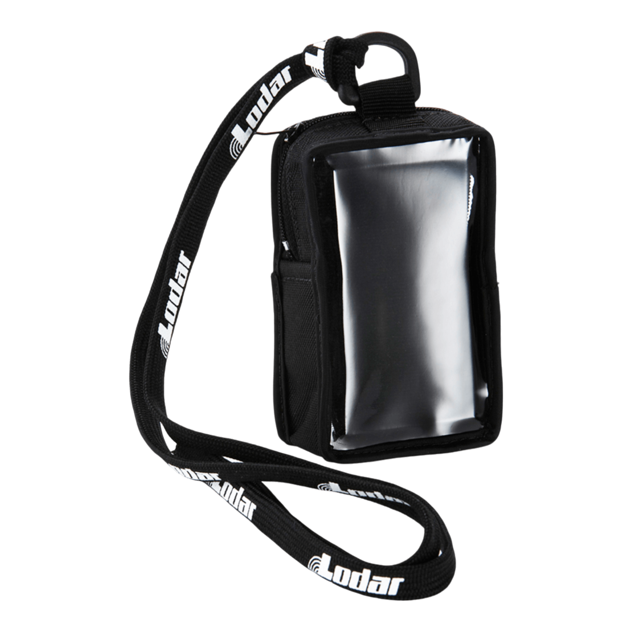 A durable Lodar LTD Controls Cover, featuring a black fabric exterior with a clear front and an attached branded lanyard, provides reliable protection for your belongings.