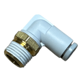 The PIERCE Controls Elbow Air Fitting features white and brass construction with threaded and push-to-connect ends, making it an ideal replacement part for Lodar Air Actuator systems.