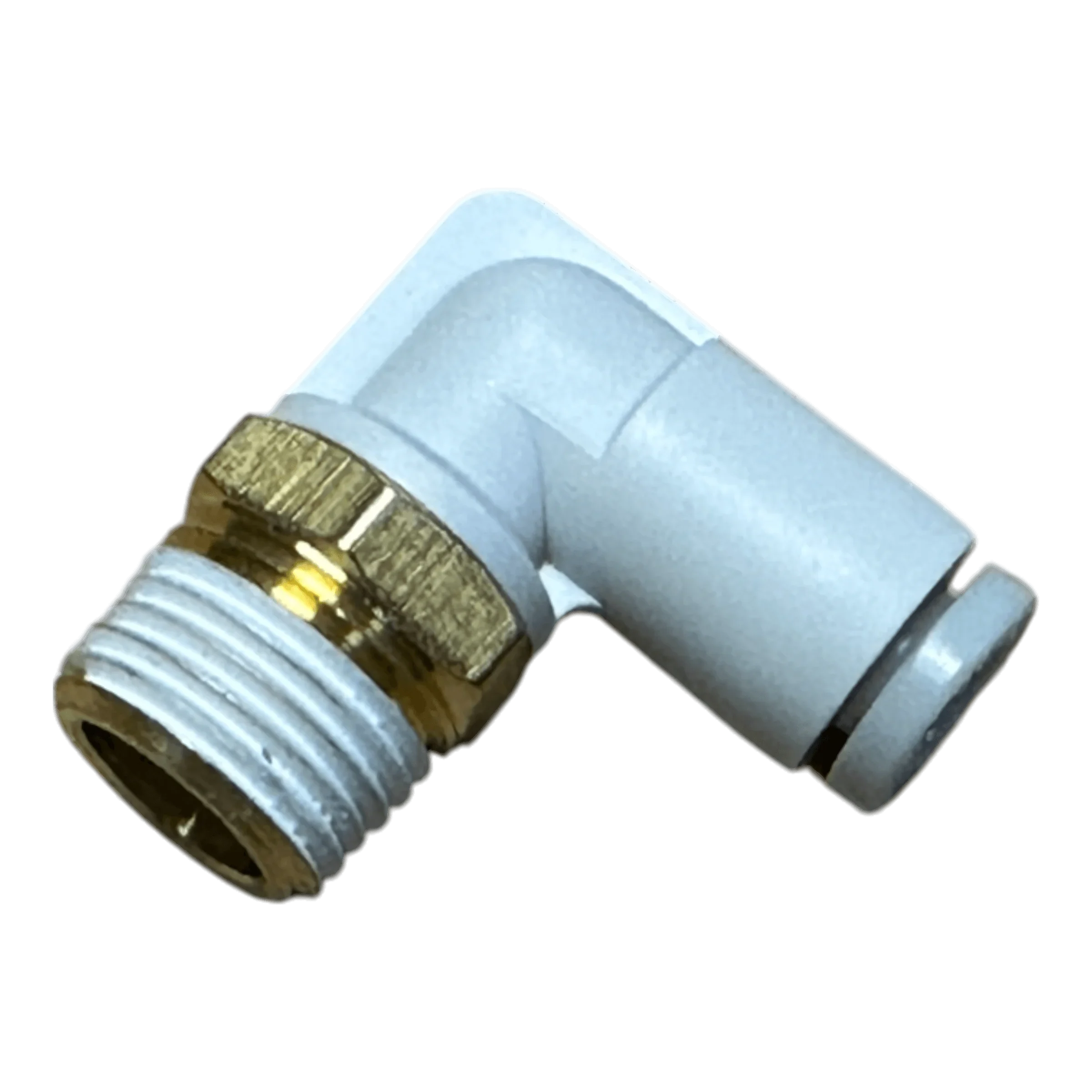 The PIERCE Controls Elbow Air Fitting features white and brass construction with threaded and push-to-connect ends, making it an ideal replacement part for Lodar Air Actuator systems.