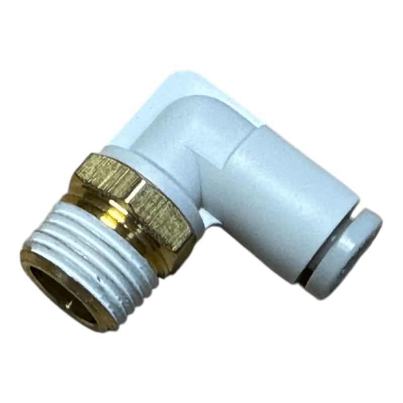 The PIERCE Controls Elbow Air Fitting features white and brass construction with threaded and push-to-connect ends, making it an ideal replacement part for Lodar Air Actuator systems.