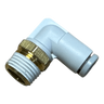 The PIERCE Controls Elbow Air Fitting features white and brass construction with threaded and push-to-connect ends, making it an ideal replacement part for Lodar Air Actuator systems.