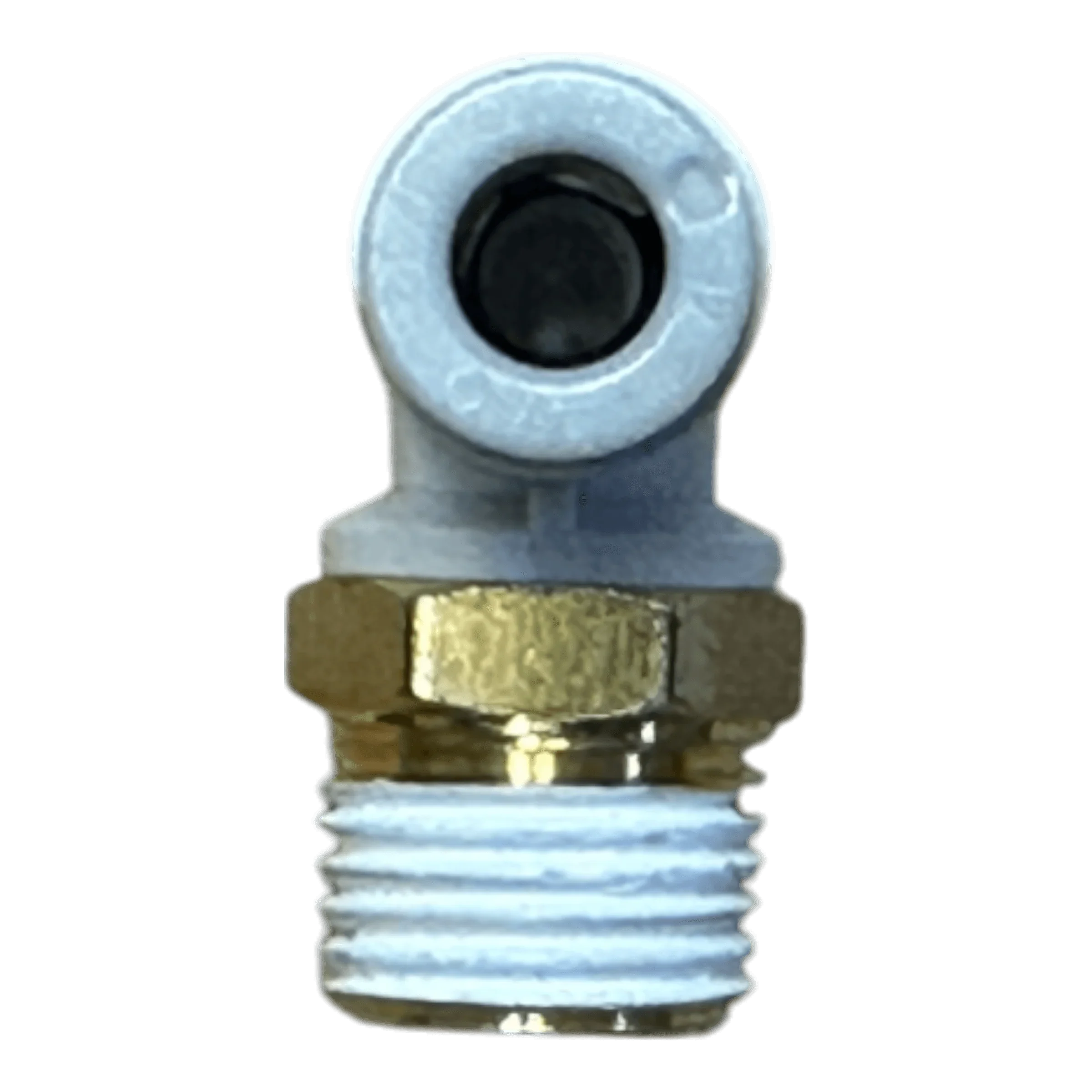 PIERCE Controls Fitting Elbow Air, a brass and plastic pneumatic elbow fitting with threaded end, is ideal as a Lodar Air Actuator replacement part and shown from the front.